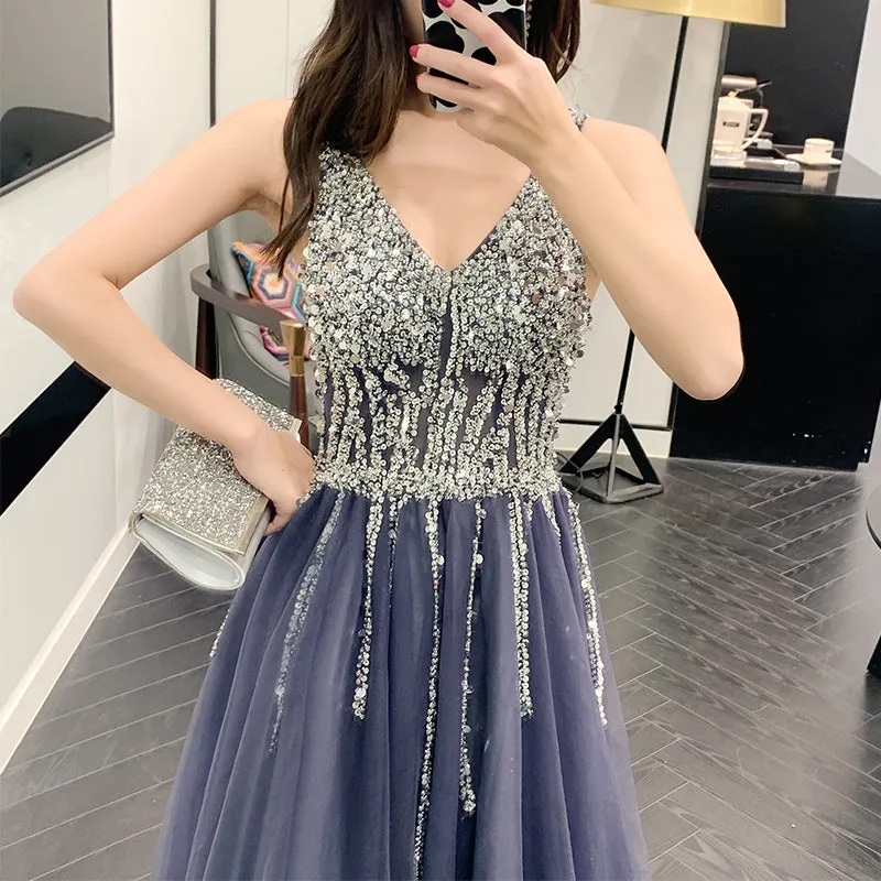 Purple V-neckline Beaded Tulle Long Formal Dresses, Purple Evening Gown Prom Dresses