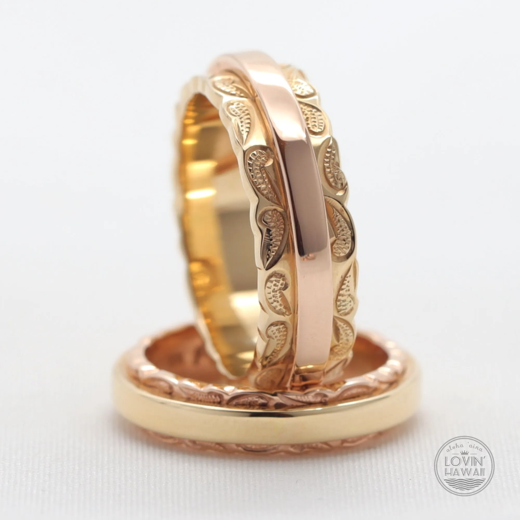 Two Tone Gold Ring, Hand Engraved Scroll Design (4mm or 6mm width)